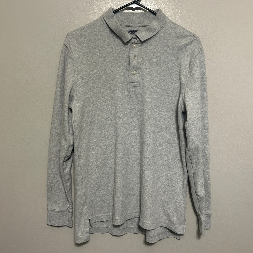 Lands' End Polo Shirt Mens S Gray Long Sleeve Cotton Preppy Oeko-Tex Minimalist